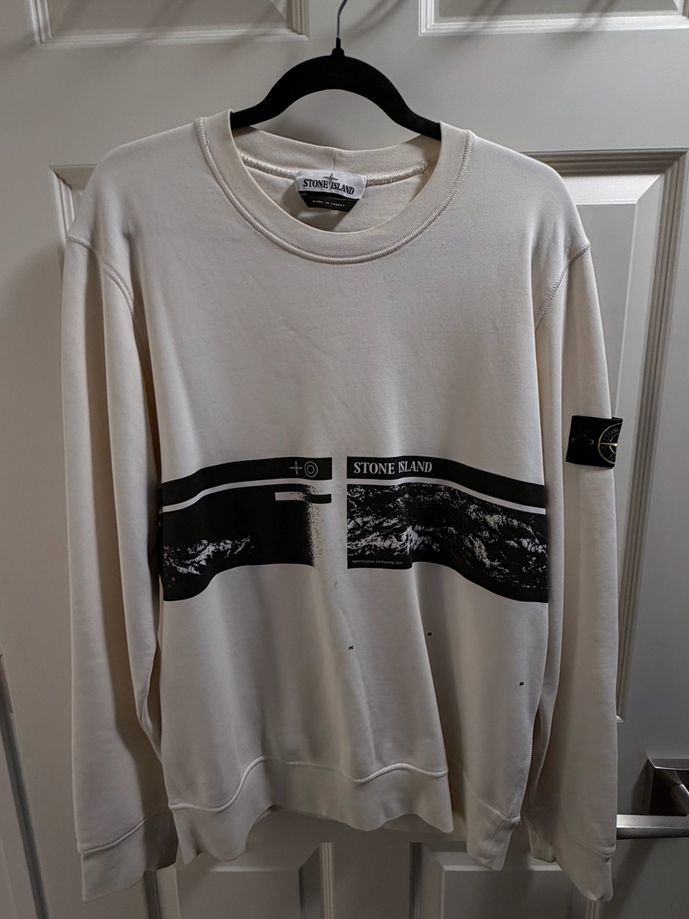 Stone Island Cream Crewneck Sweatshirt with Black Graphic